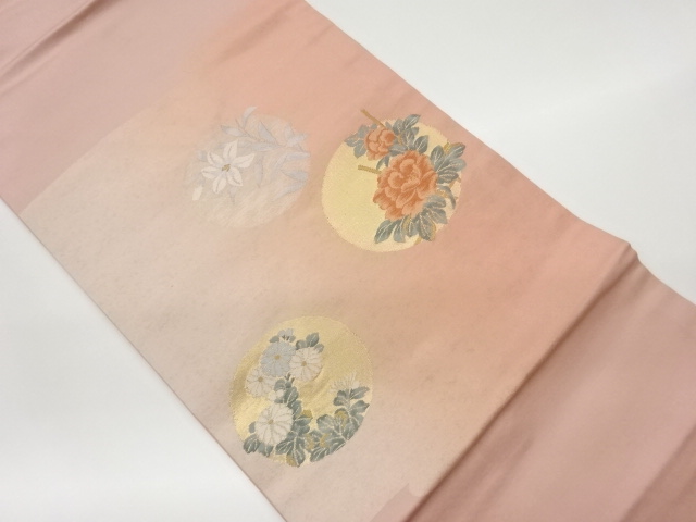 リサイクル　丸紋に花々模様織出し名古屋帯